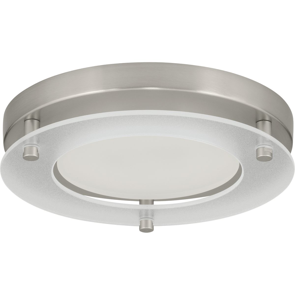 The all-in-one LED Surface Mount uses an intuitive snap-in system that allows easy flush mount installation to a junction box. 7 in round with decorative glass ring. 3000K, 1035 lumens (delivered), 90+ CRI. Dimming with many TRIAC/Forward Phase dimmers. Title 24 - JA8 - 2016. Wet location listed. Brushed Nickel finish.