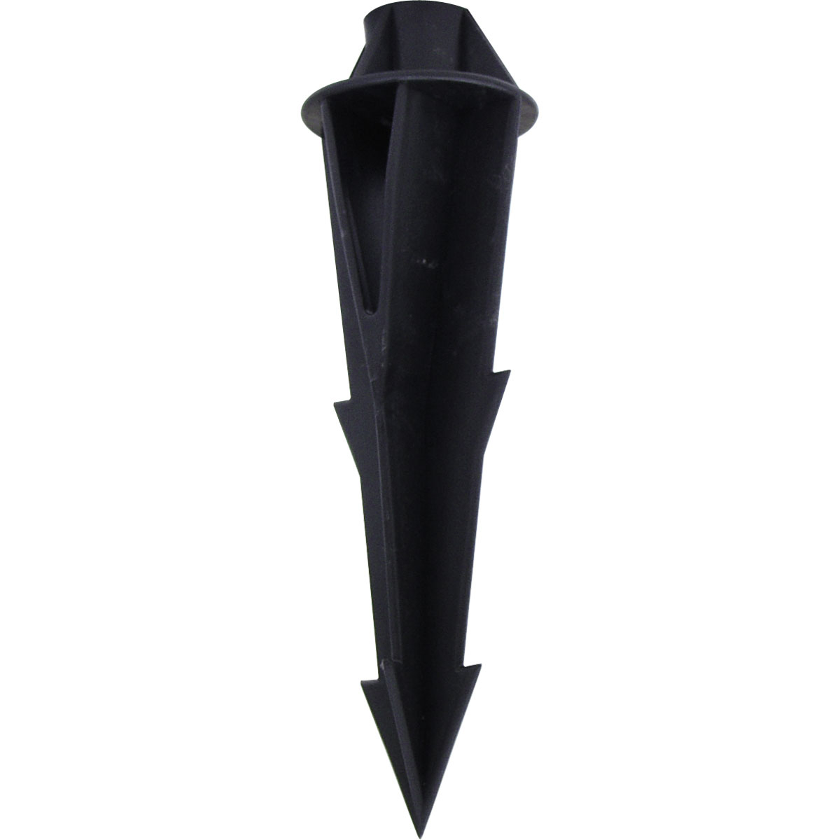 Black plastic landscape mounting stake for use with low voltage (12v) landscape units.