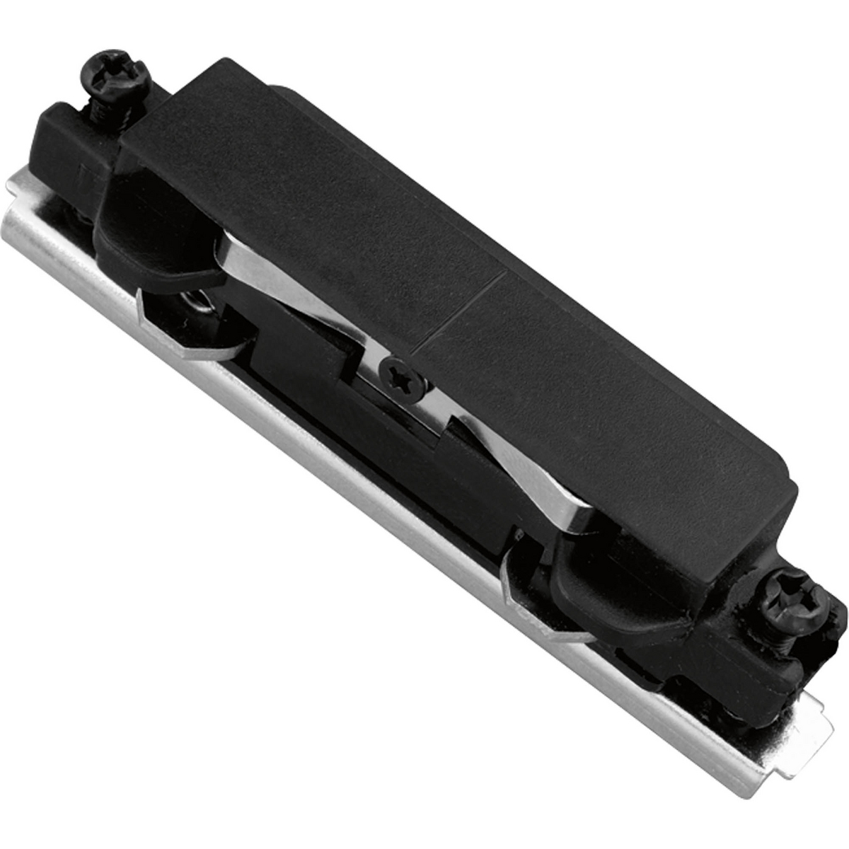 Straight connector for joining two or more track sections. The connectors plug into track sections only one way to ensure positive polarization. Black finish.