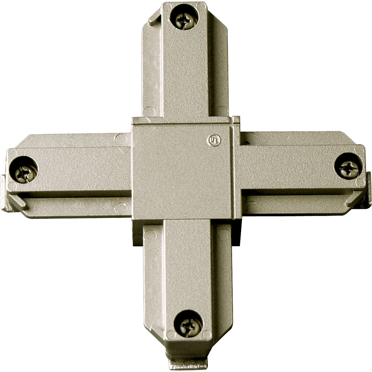 Cross connector for joining two or more track sections. The connectors plug into track sections only one way to ensure positive polarization. Brushed Nickel finish.