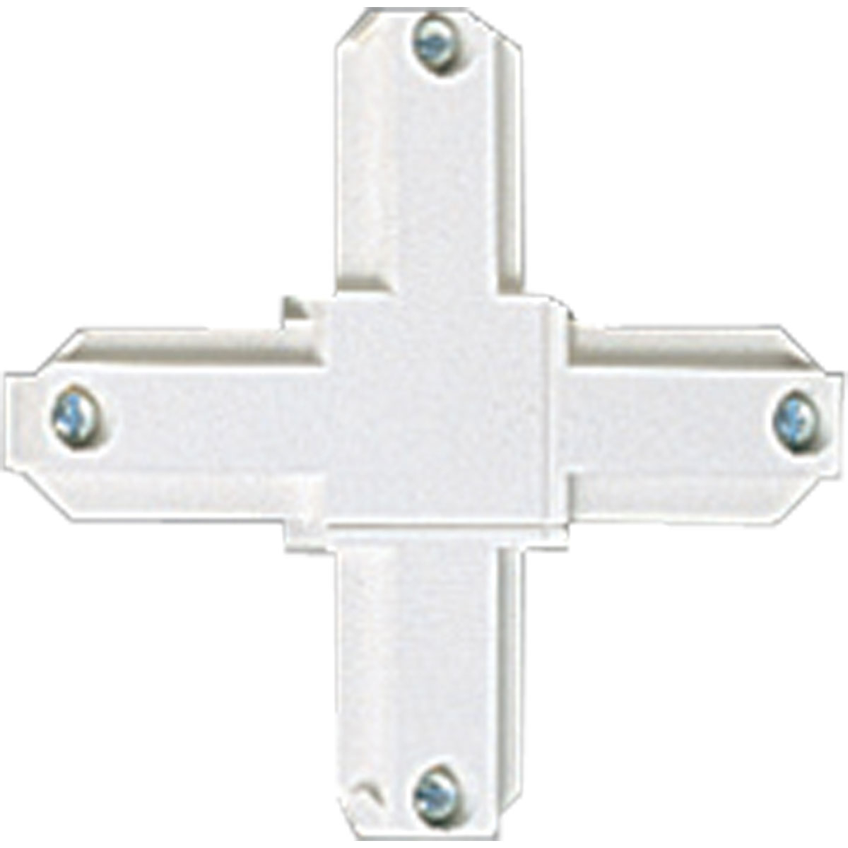 Cross connector for joining two or more track sections. The connectors plug into track sections only one way to ensure positive polarization. White finish.