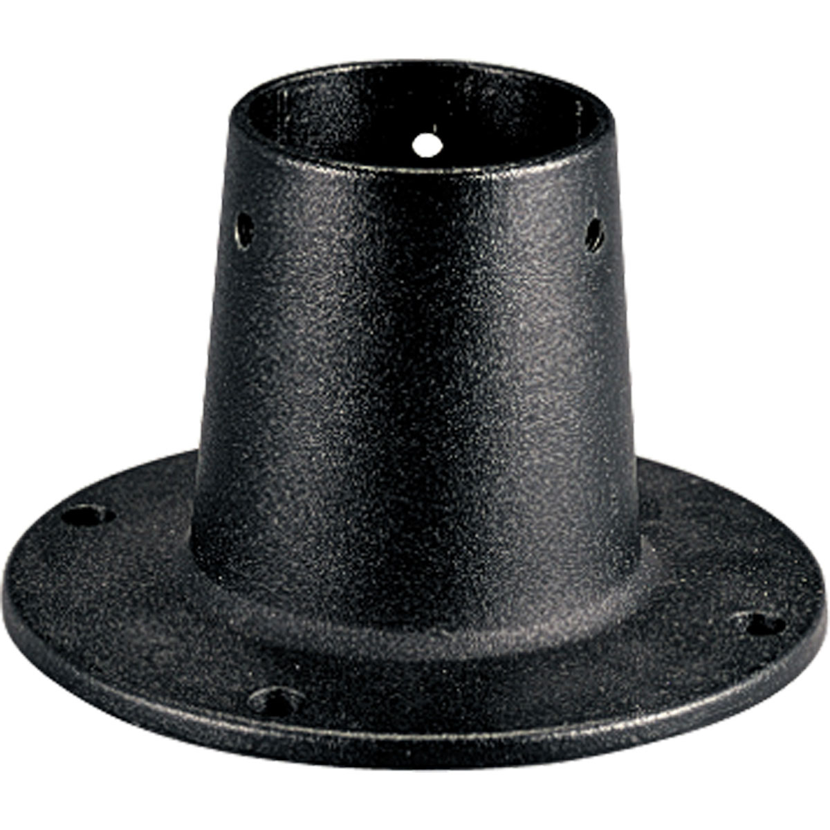 This cast aluminum surface mount post adapter will make a perfect addition to your home needs. Surface Mount Post Adapter. Flanged cast aluminum base for surface mounting round, 3 bottom O.D. posts. Anchor bolts and set screws included.