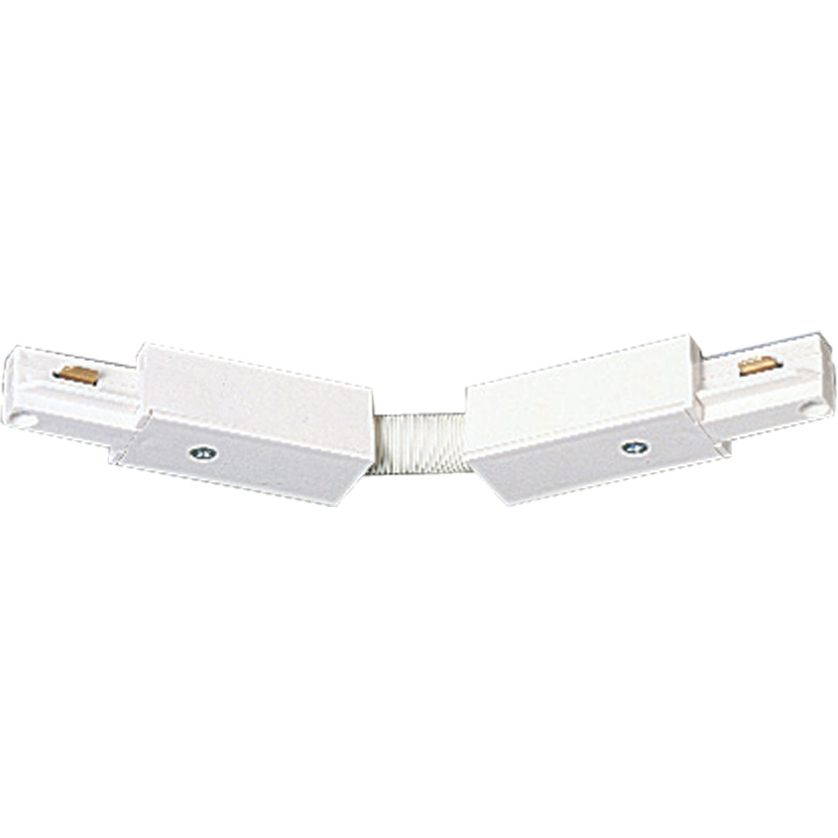 Flex Connector. Permits a variety of track layouts at almost any angle and variation of planes including wall-to-ceiling or on cathedral ceilings. Can flex to 90 degrees. White finish.