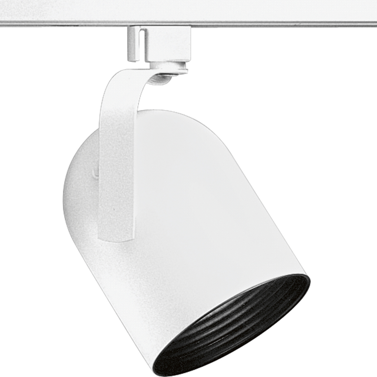 White Round Back Alpha Trak track head with 360 degree horizontal rotation and 90 degree vertical rotation and black baffle. Heads can be easily repositioned on the track to provide lighting in different areas of the room. Excellent for both residential and retail locations. Universal track head accepts medium base PAR 30 long neck or BR 30 bulb.