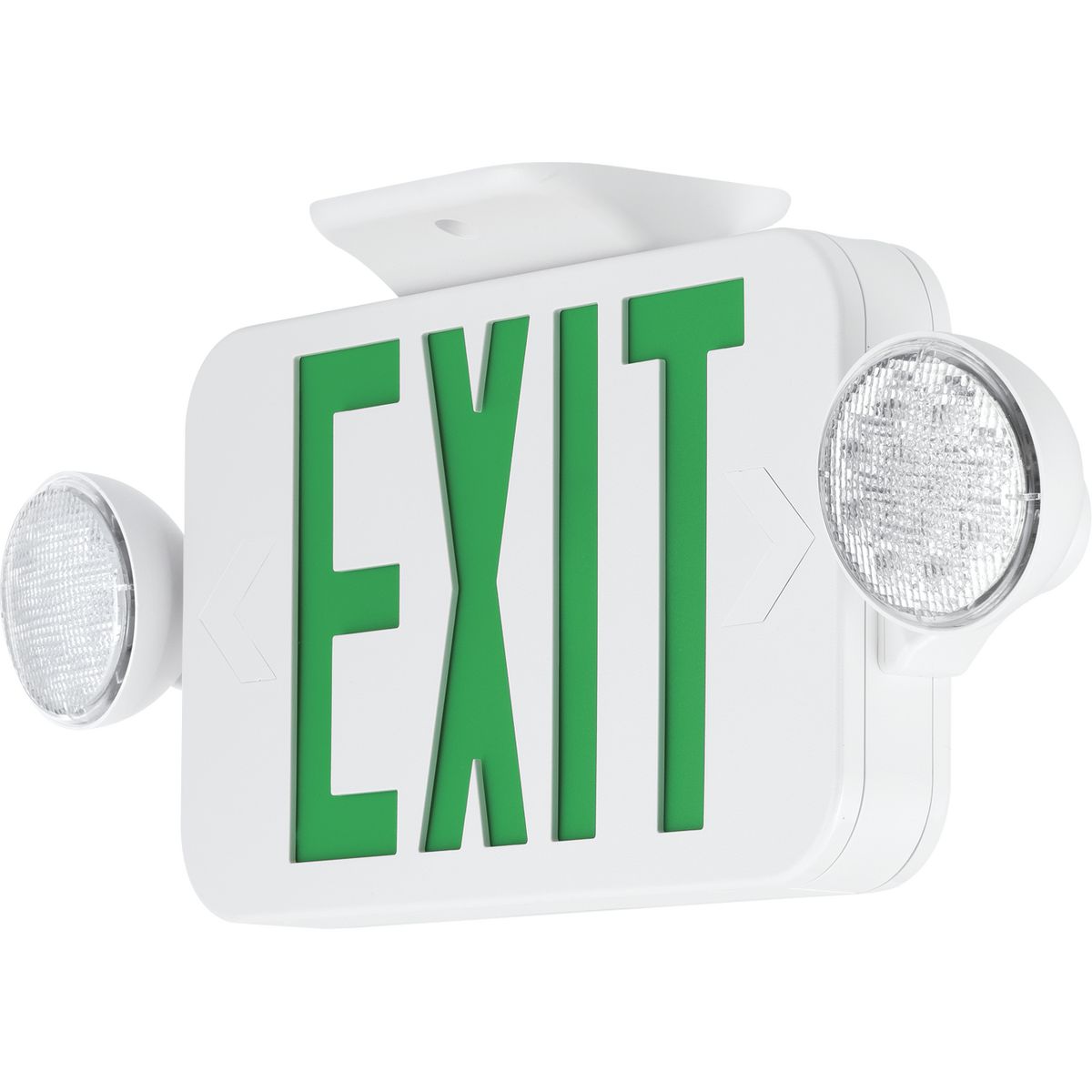 LED Exit Sign Combo, Face style: Universal, Color: White, Number of Lamps: 2, Voltage Rating: Dual-voltage 120 or 277 VAC. The PECUE Series can be applied in stair-wells, hallways, offices and other commercial applications. Green Lettering.