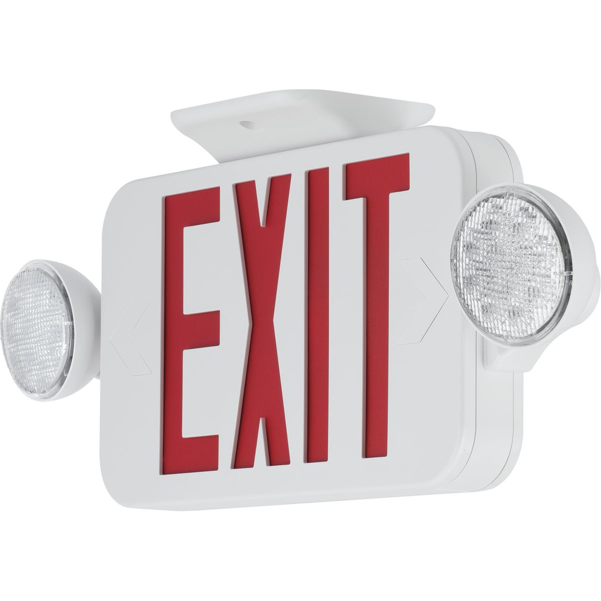 LED Exit Sign Combo, Face style: Universal, Color: White, Number of Lamps: 2, Voltage Rating: Dual-voltage 120 or 277 VAC. The PECUE Series can be applied in stair-wells, hallways, offices and other commercial applications. Red lettering.