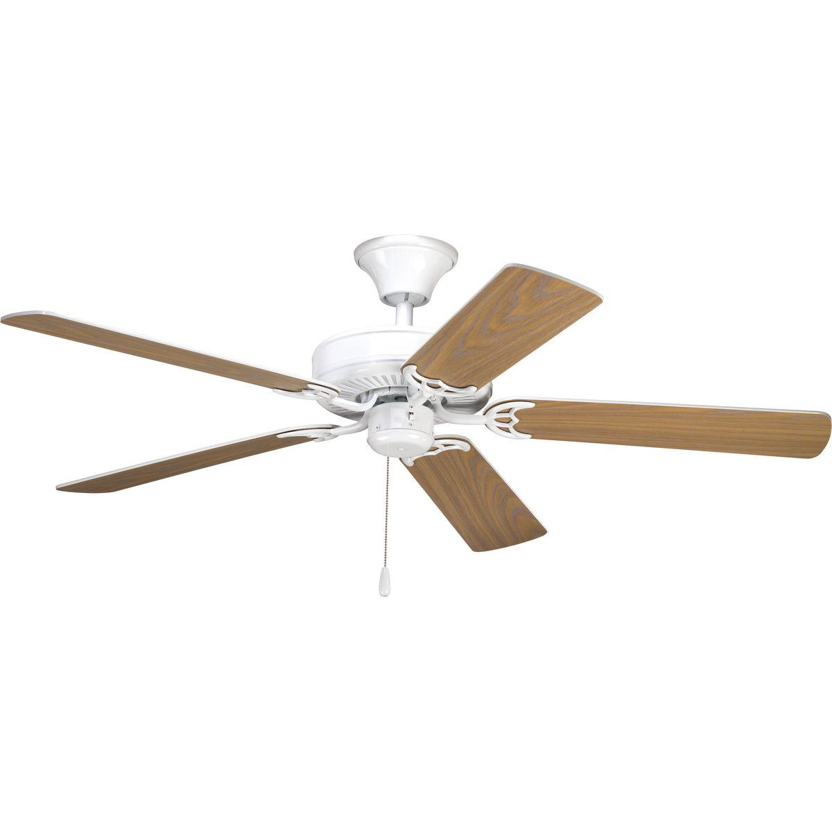 52 inch AirPro fan with 5 reversible white or washed oak blades, White finish, and 30 year limited warranty. Powerful AirPro motor features 3-speed control that can also be reversed to provide year-round comfort. Includes innovative canopy system that can be installed on vaulted ceilings up to 12:12 pitch, additionally, the fan can be installed with no downrod to accommodate lower ceilings. Quick install canopy securely holds fan for wiring during installation.