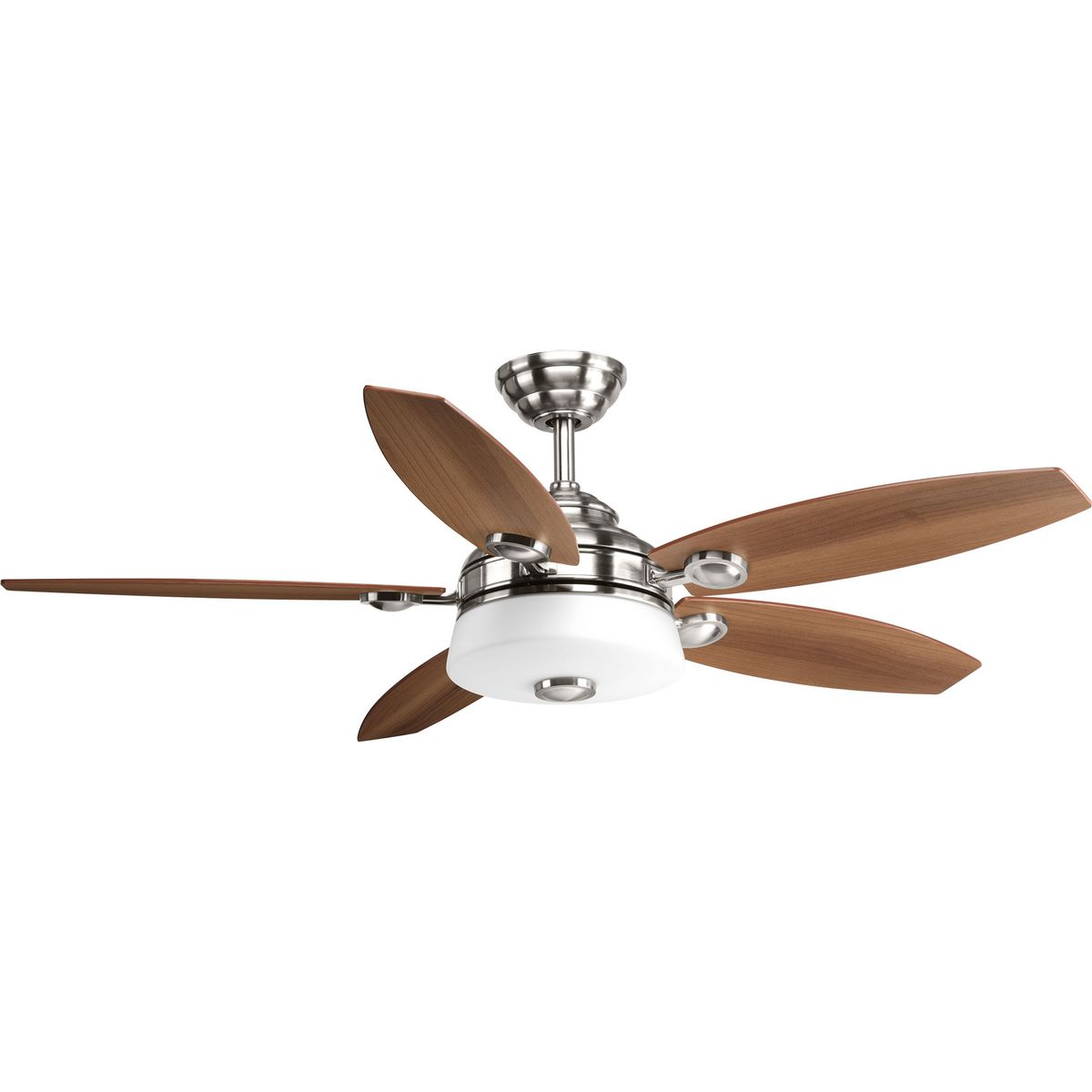 Refresh your living space with the crisp, clean style of the 54 inch Graceful fan. The stylish design comes with five reversible blades in medium cherry and silver in a Brushed Nickel finish. The five-blade fan features a white opal glass shade and a 17W dimmable LED module. A remote with batteries is included � and controls full range dimming and fan speed capabilities. LED source offers a 3000K-color temperature, energy savings and maintenance benefits for the home. Graceful also has a reversible motor that can be accessed via a manual switch.