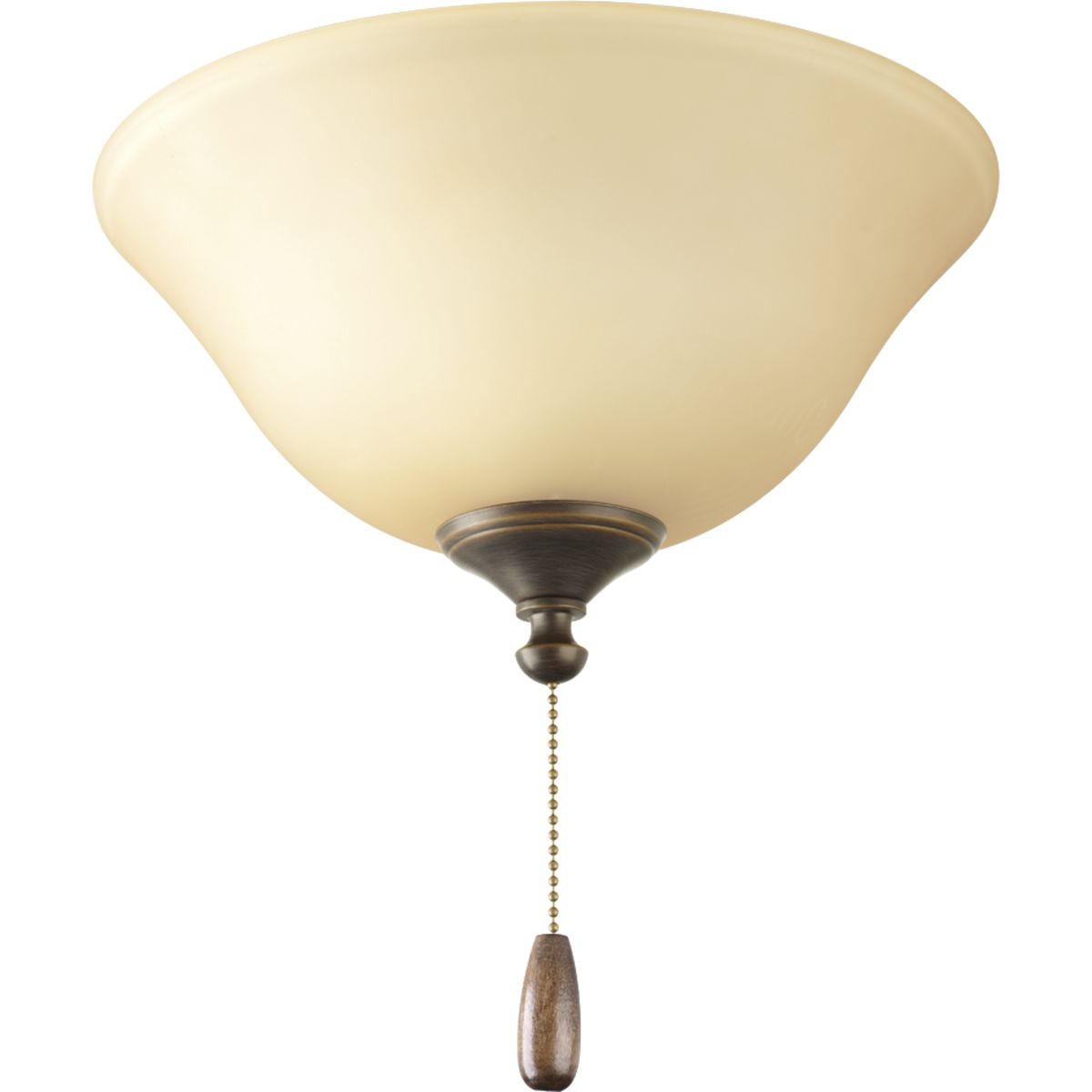 Antique Bronze two-light fan kit with etched Light Umber glass bowl. Elegant light umber glass conceals light bulbs and casts an inviting illumination in any size room. Universal style lets you use with any indoor fan that accept an accessory light. Quick-connect wiring makes the installation process quick and easy.