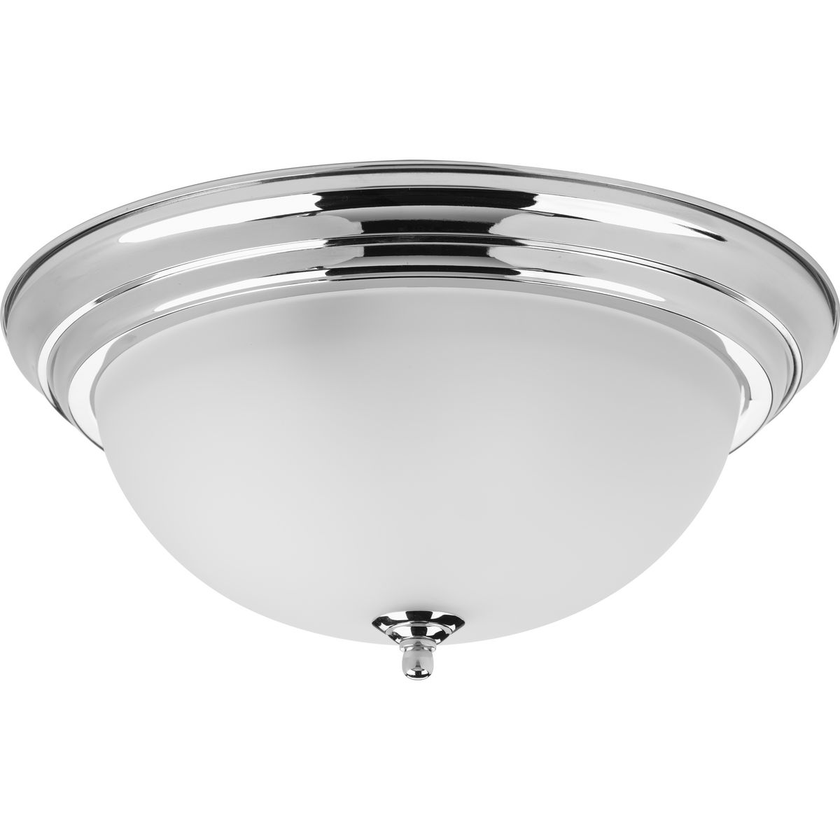 Three-light flush mount with dome shaped glass, solid trim and decorative knobs. The polished chrome finish has an etched glass shade.