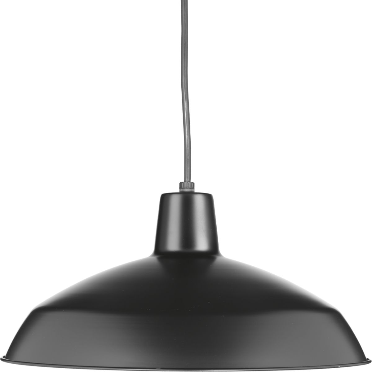 One-light industrial style warehouse cord-hung pendant with spun metal shade. Gloss white inside shade for reflectivity. 3 Conductor SVT black cord. Black finish.