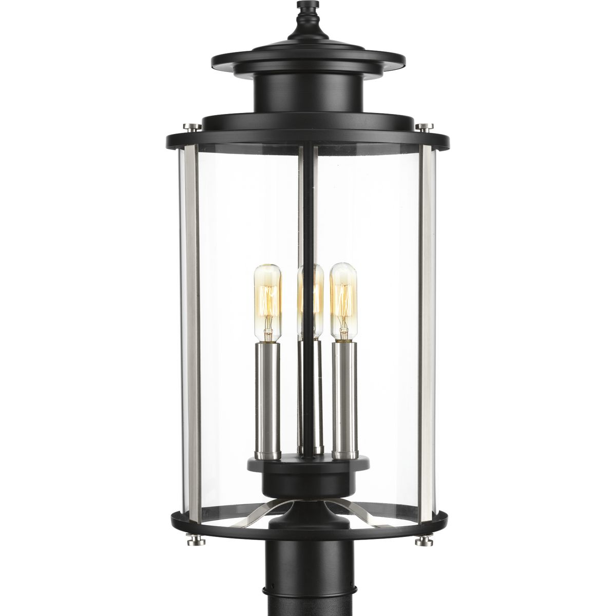 Squire three light post lantern features a classic traditional profile with clean, modern metal fittings. The Black finish is accented with contrasting Stainless Steel metallic elements, the cylindrical frame is comprised of a clear glass diffuser.