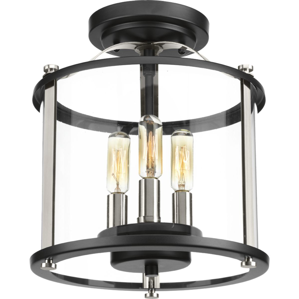 Squire three light semi-flush convertible lantern features a classic traditional profile with clean, modern metal fittings. The Black finish is accented with contrasting Stainless Steel metallic elements, the cylindrical frame is comprised of a clea...