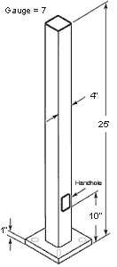 Pole 4 Inch Square 7 Gauge 25Ft DrilLED 2 Sides@ 180Deg+ Plugs
