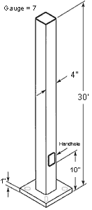 Pole 4 Inch Square 7 Gauge 30 Ft DrilLED 2 Sides @ 180Deg+Plugs