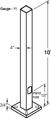 Pole 4 Inch Square 11 Gauge 10Ft DrilLED 2 Side @ 180Deg+ Plugs