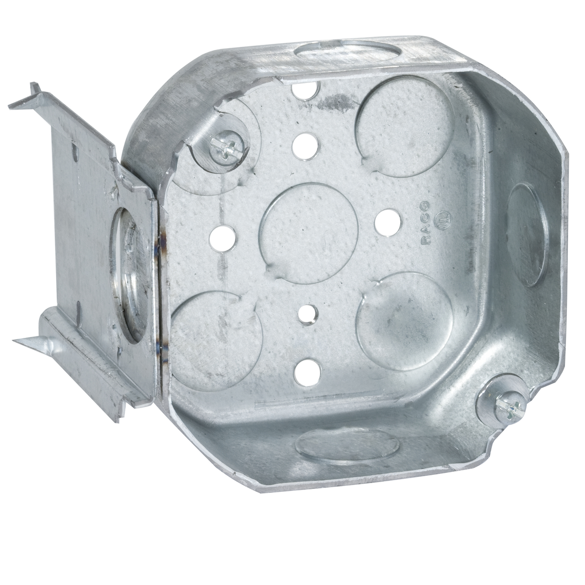 4 In. Oct. Box, 1-1/2In. Deep - Drawn with Conduit KO's, J Brkt, 1/2 In.Setback