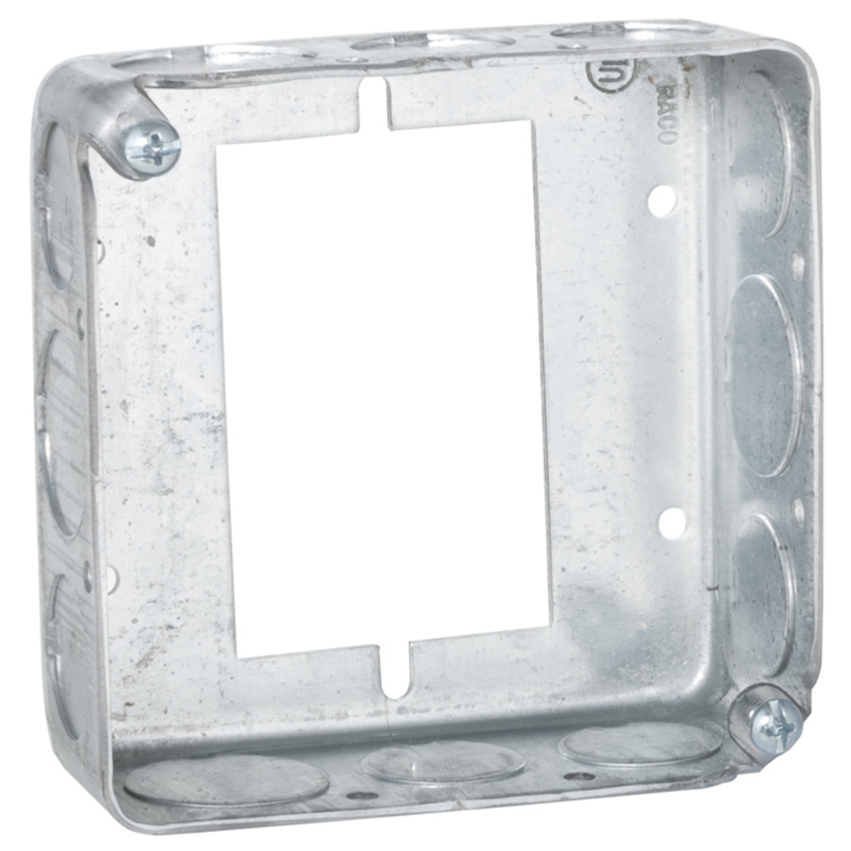 RACO 187 4" SQUARE EXTENSION FOR A 1G SWITCH BOX, 1-1/2" DEEP, 1/2" & 3/4" SIDE KNOCKOUTS,