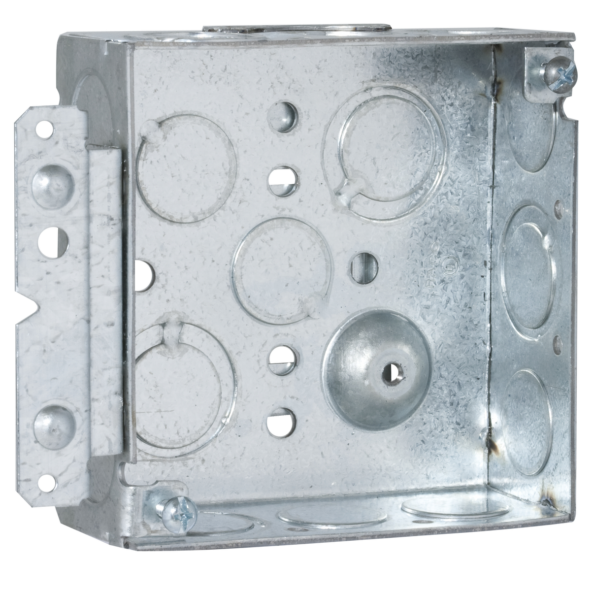 Product image for Raco 189HWP 4" Square Box, Welded, 1-1/2" Deep with Eight 1/2" KO's & Five TKO's, Raised Ground, 10", UBS, HM Bracket