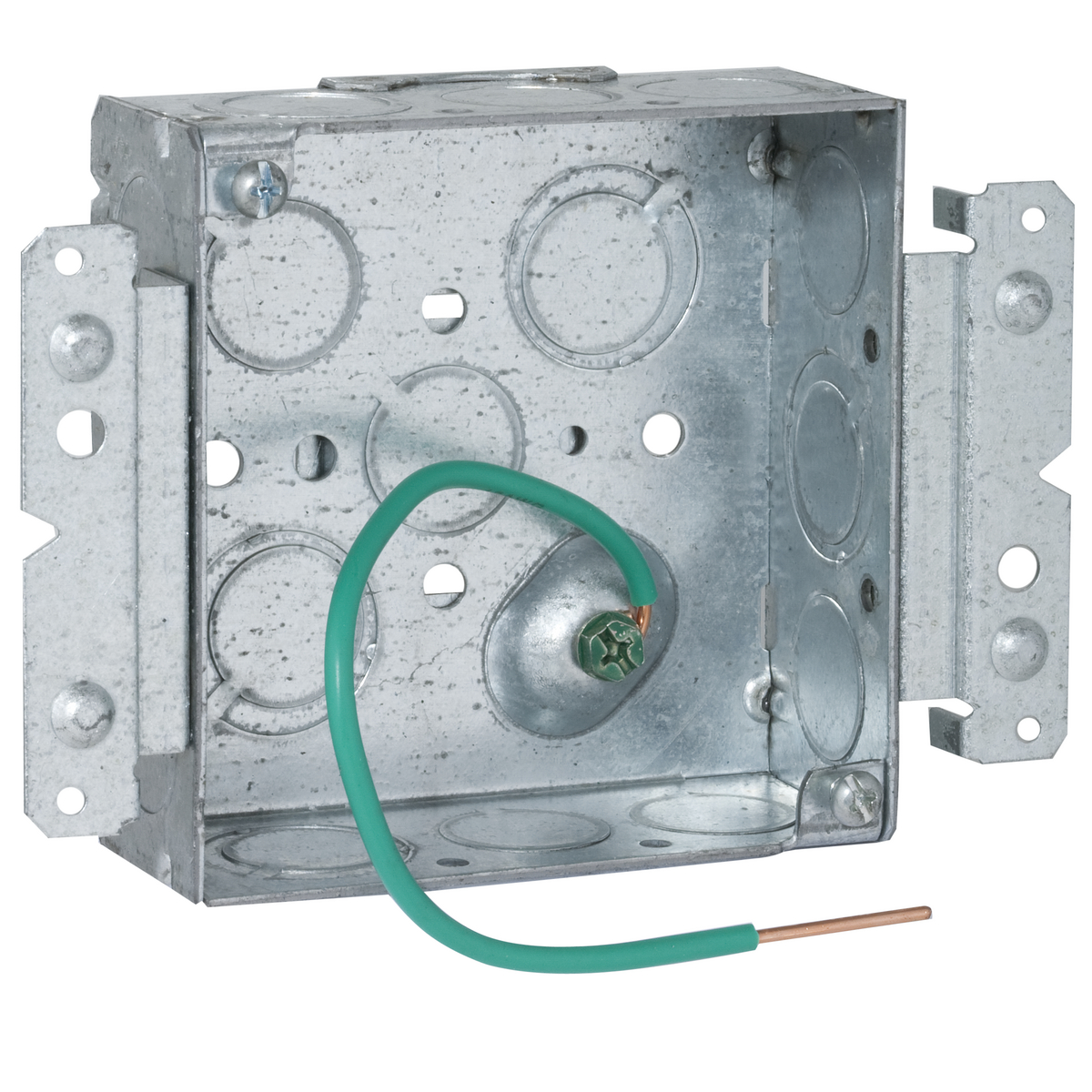 4 In. Square Bracketed Boxes, 1-1/2 In. Deep - Welded with Conduit KO's,600V, Raised Ground, 8 In. #12 Solid Copper Pigtail, UBS, HM 1/2-3/4 TKO