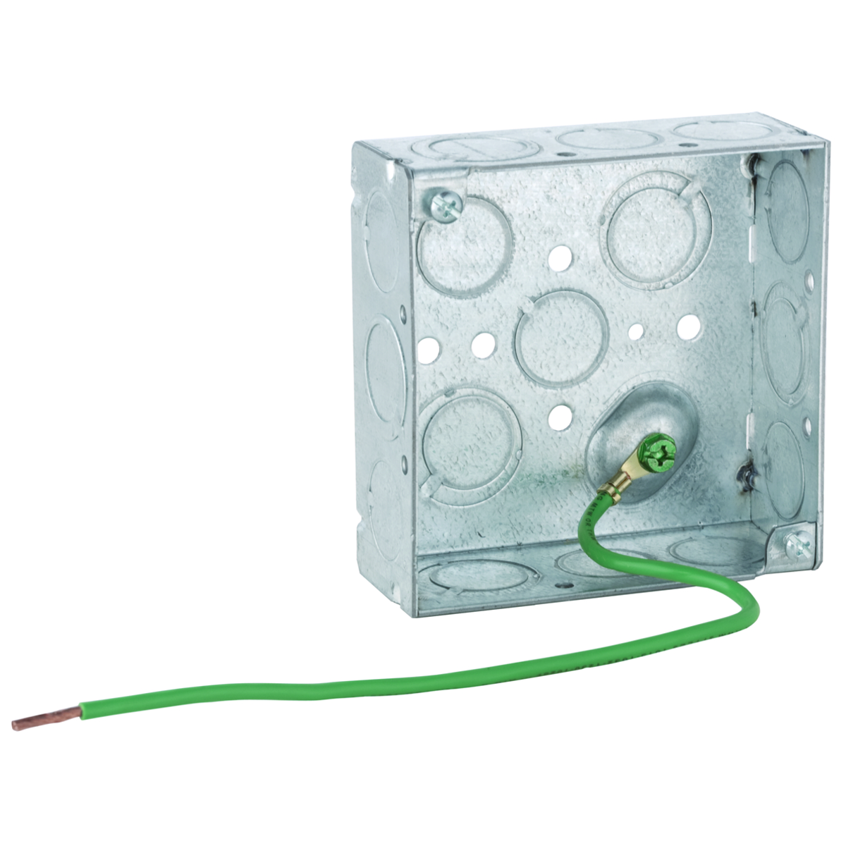 4 In. Square Boxes, 1-1/2 In. Deep - Welded with Conduit KO's, 600V,Raised Ground, 10 In. #12 Stranded Copper Pigtail