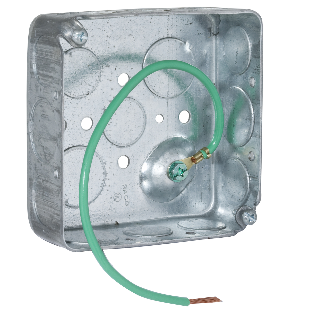 4 In. Square Boxes, 1-1/2 In. Deep - Drawn with Conduit KO's, RaisedGround, 10 In. #12 Stranded Copper Pigtail