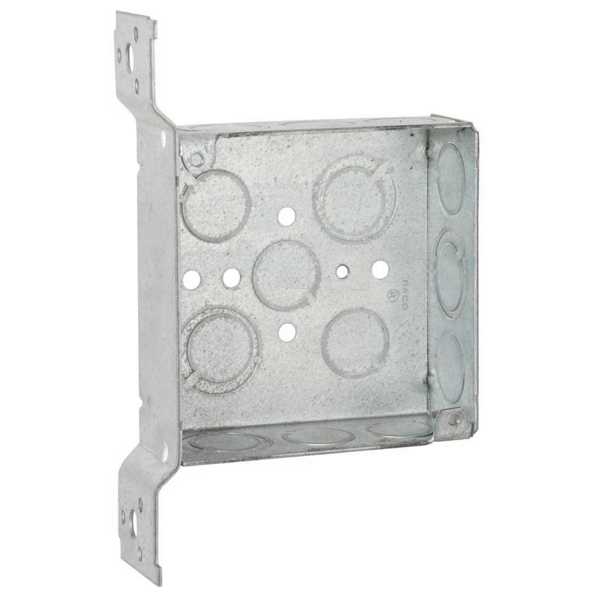 4 In. Sq. Brkt. Box, 1-1/2 In. Deep - Welded with Conduit KO's, 600V,FS, Flush 1/2-3/4 TKO