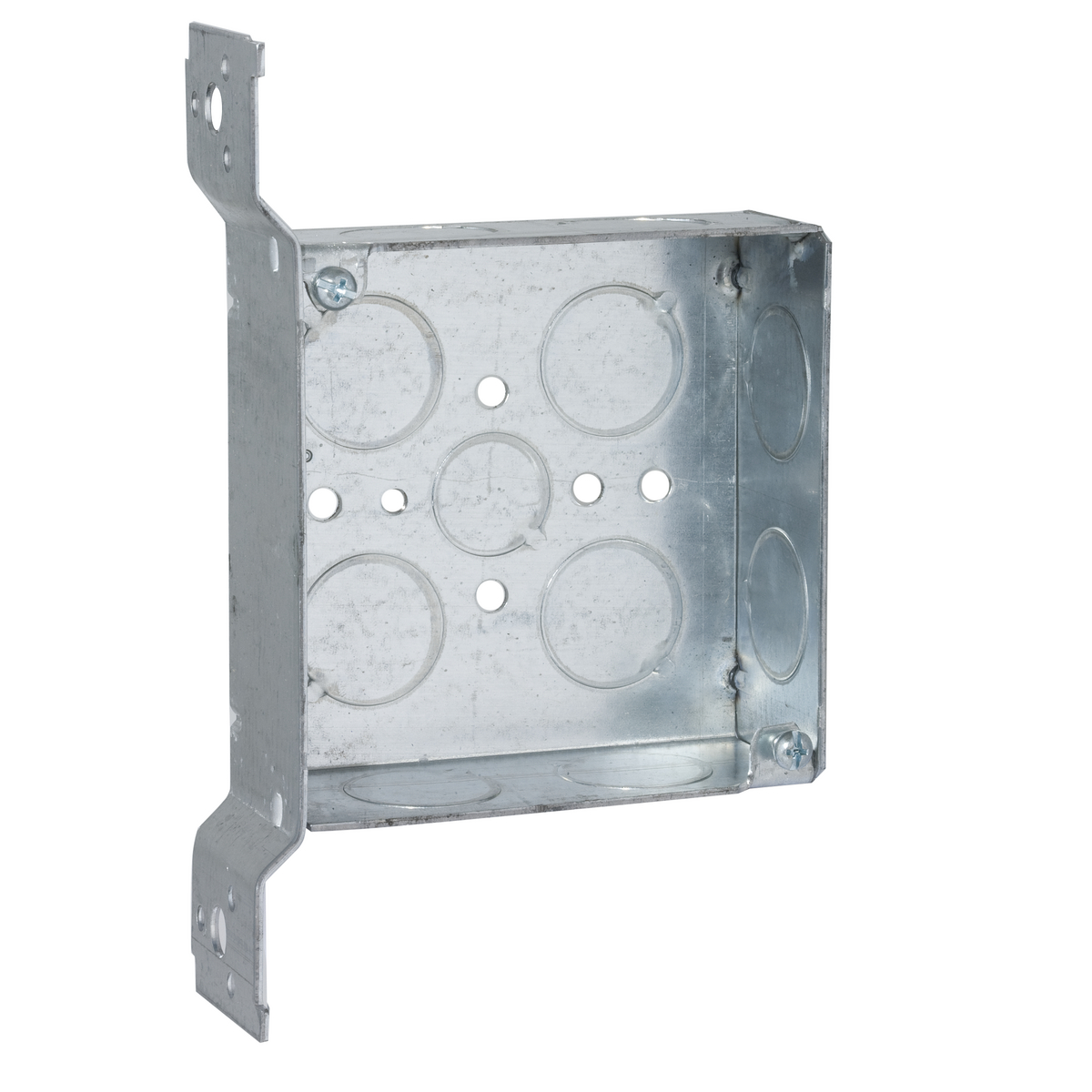 Product image for Raco 199 4" Square Box, 1-1/2" Deep, 1/2" & 3/4" Side Knockouts, Wood/Metal Stud Bracket, Welded