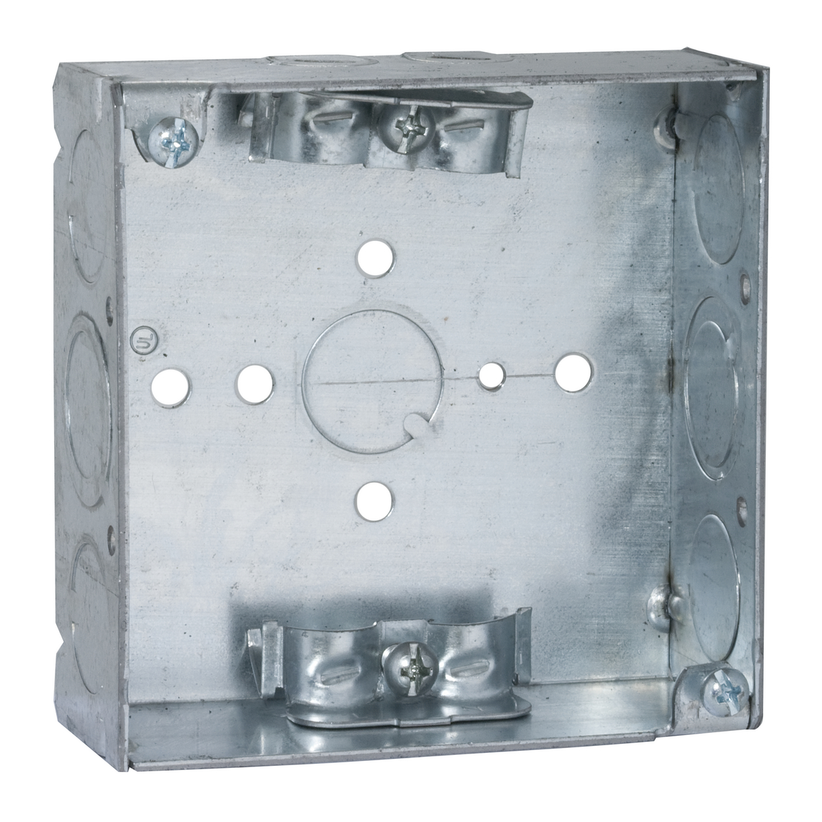 Product image for Raco 211 4" Square Box, Welded, 1-1/2" Deep with NMSC Clamps, Five 1/2" KO's and Two TKO's