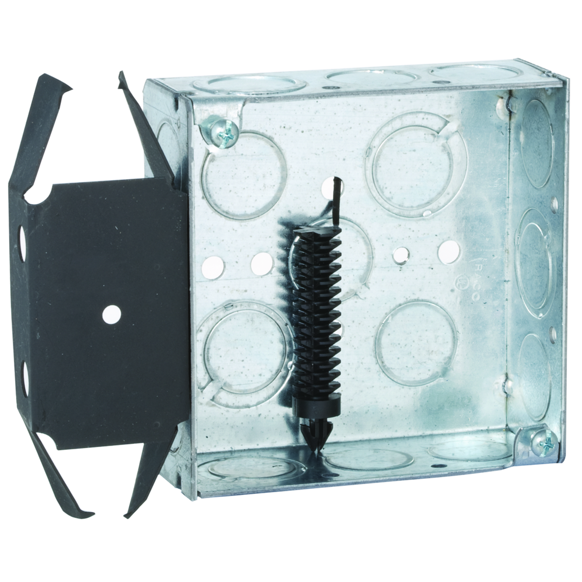 Product image for Raco 227 4" Square Box, Welded, 1-1/2" Deep with Nine 1/2" KO's and Five TKO's, BOX-LOC MS Bracket, Flush