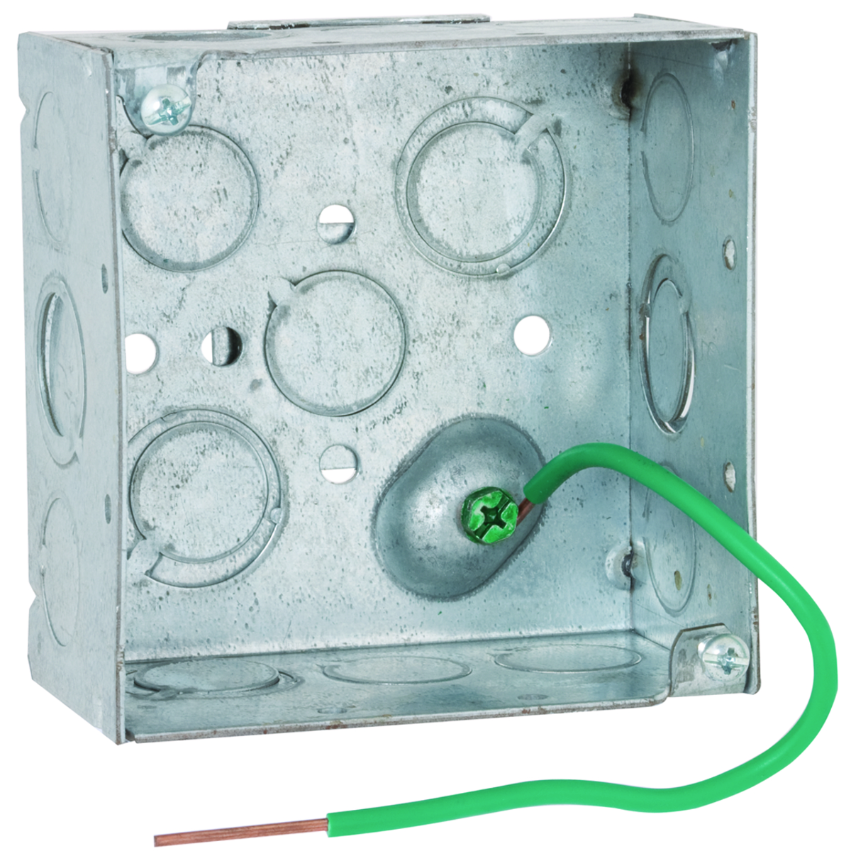 4 In. Square Bracketed Boxes, 2-1/8 In. Deep - Welded with Conduit KO's,600V, Raised Ground, 8 In. #12 Solid Copper Pigtail, UBS