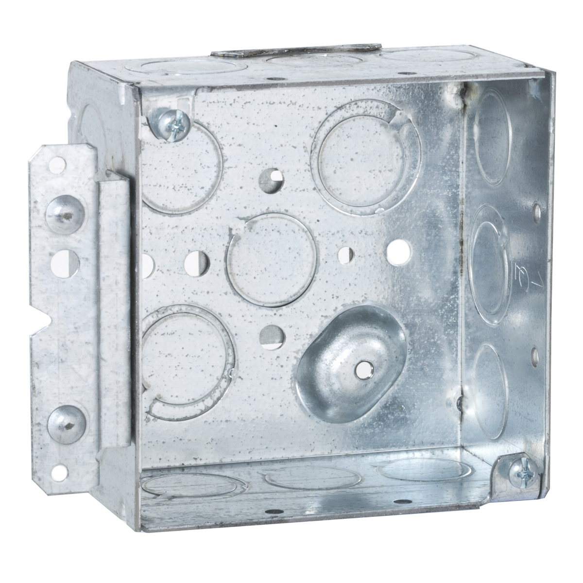 Product image for Raco 232HWP 4" Square Box, Welded, 2-1/8" Deep, Ten 1/2" KO's and Six TKO's, Raised Ground, UBS, HM Bracket