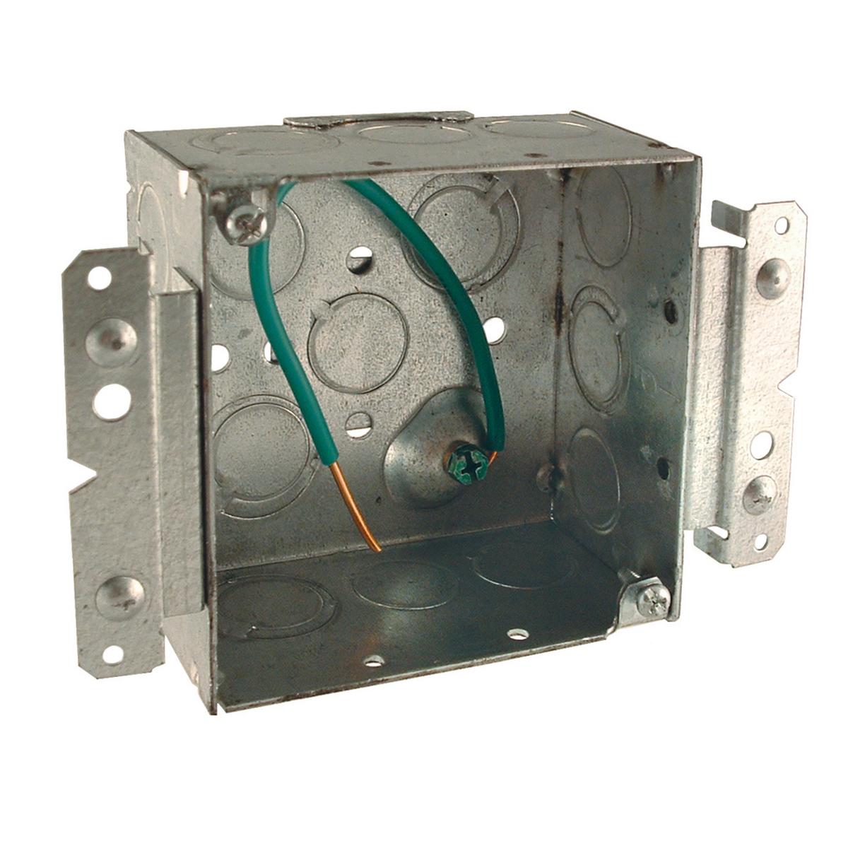 RACO 232M 4" SQUARE BOX, 2-1/8" DEEP, 1/2" & 3/4" SIDE KNOCKOUTS, WELDED, WITH (2) WOOD/METAL STUD BRACKETS, FAR-SIDE SUPPORT AND PIGTAIL