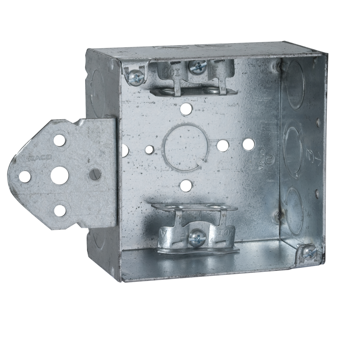 Product image for Raco 249 4" Square Box, Welded, 2-1/8" Deep with AC/MC/Flex Clamps, Three 1/2" KO's and One TKO, B Bracket, Flush