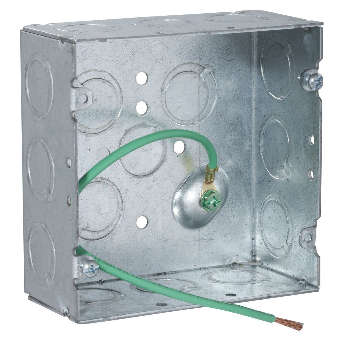 4-11/16 In. Square Boxes, 2-1/8 In. Deep - Welded with Conduit KO's,600V, Raised Ground, 10 In. #12 Stranded Copper Pigtail 1/2-3/4 TKO