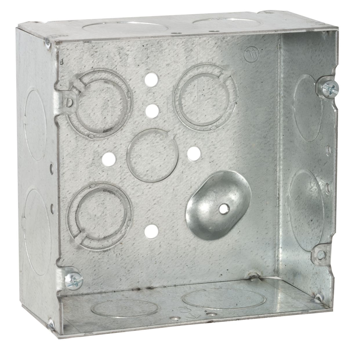 RACO 265 4-11/16" SQUARE BOX, 2-1/8" DEEP, 3/4" & 1" SIDE KNOCKOUTS, WELDED