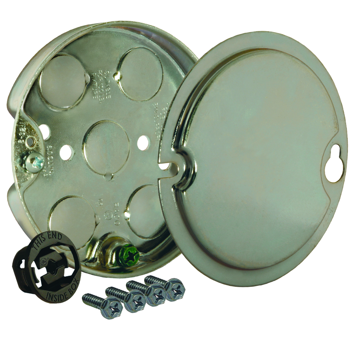 4 In. Round Ceiling Fan Pan - Drawn with Conduit 1/2 KO's, 1/2 In. Depth