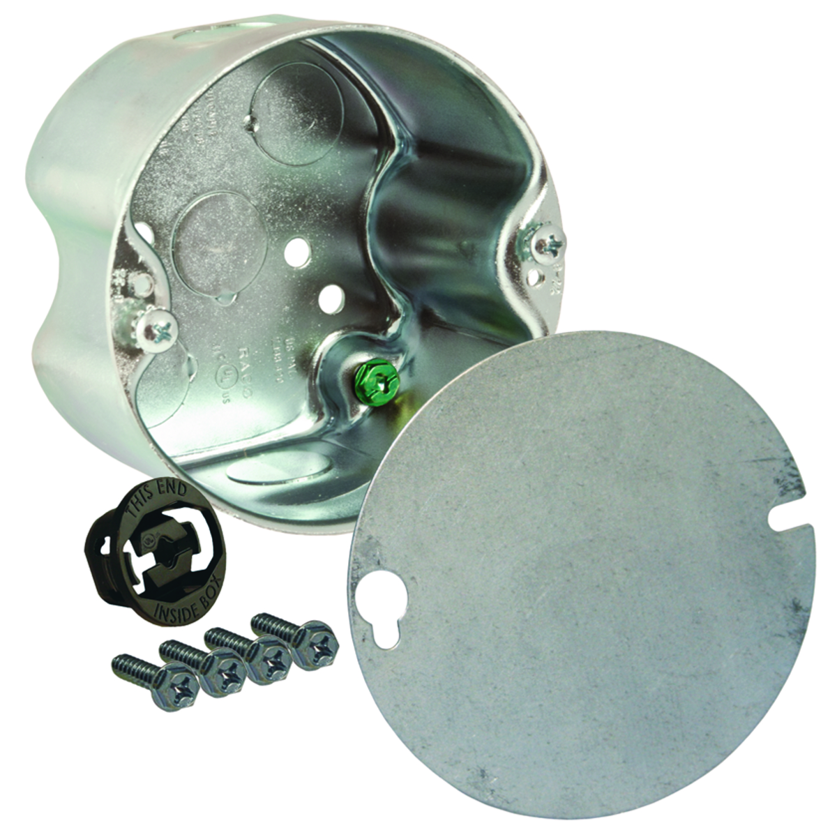 4 In. Round Ceiling Bx. Drawn w/Conduit KO's, 2-1/8 In. Depth, 1/2 In.side KO's