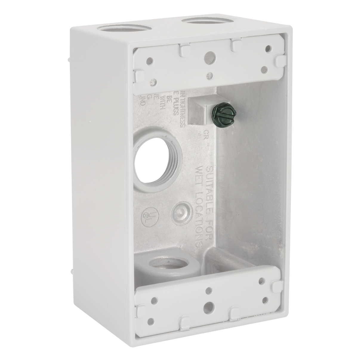 Product image for Bell 5321-6 1-Gang Weatherproof Box, Four 1/2 in. Threaded Outlets, White, Carded