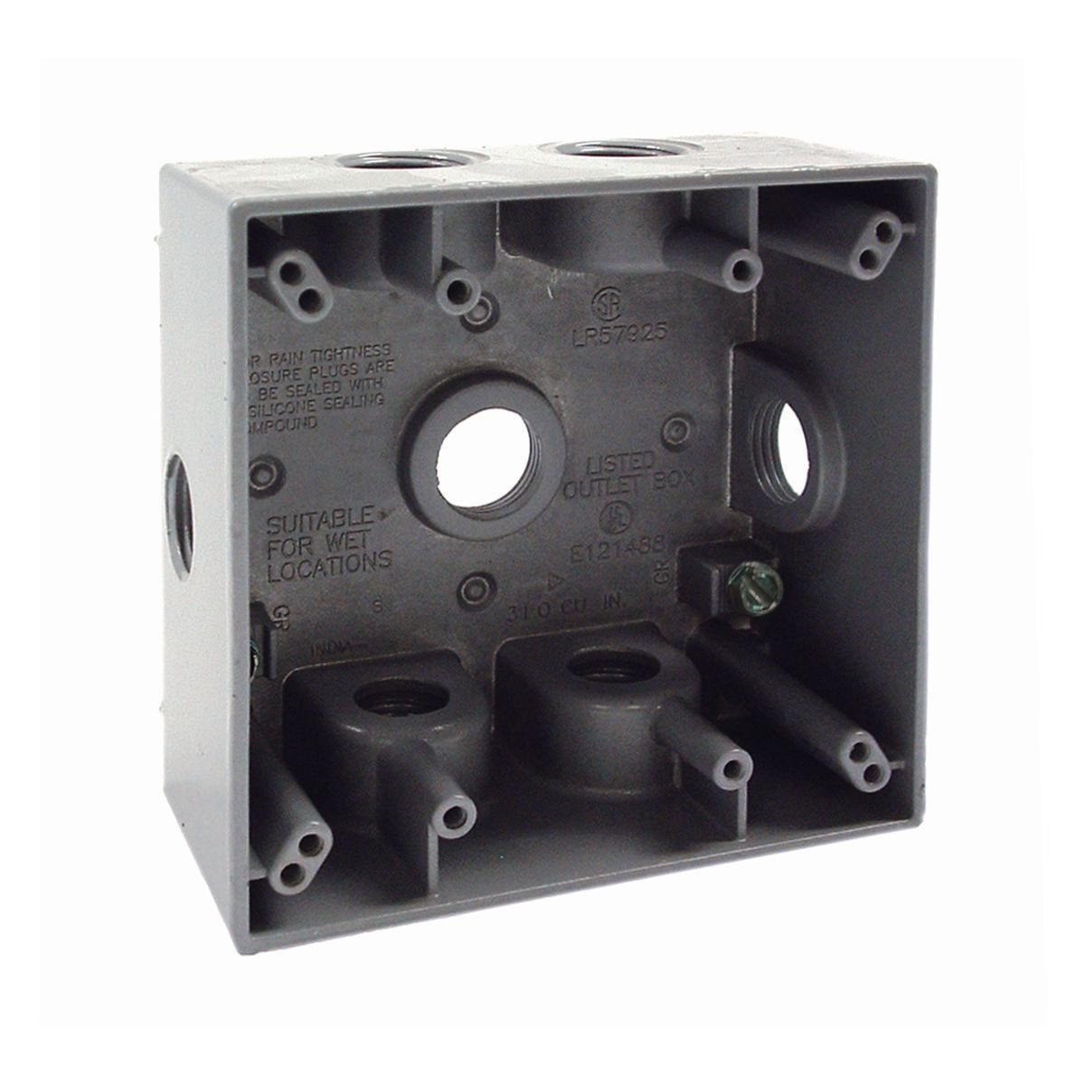 2G WP BOX (7)1/2 IN. OUTLETS W/SIDE HOLES GRAY