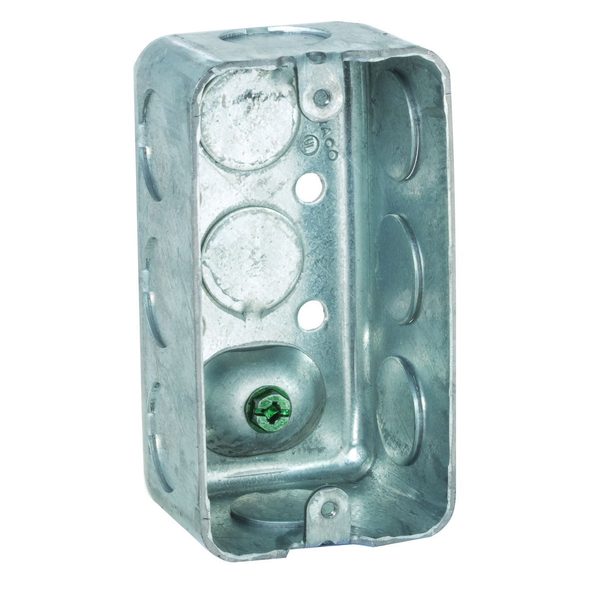 Product image for Raco 611 4" x 2" Handy Box, Drawn, 1-7/8" Deep, Ten 1/2" KO's, Raised Ground, Ground Screw Driven