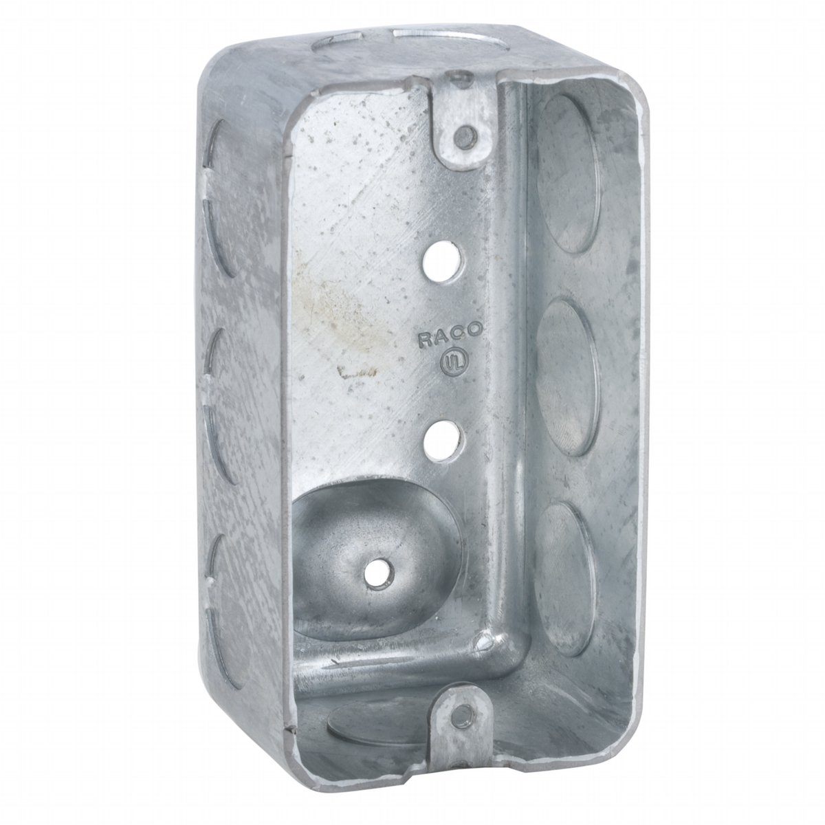 4 In. x 2 In. Handy Box, 1-7/8 In. Deep - Drawn with Conduit KO's,Raised Ground 1/2-3/4 KO