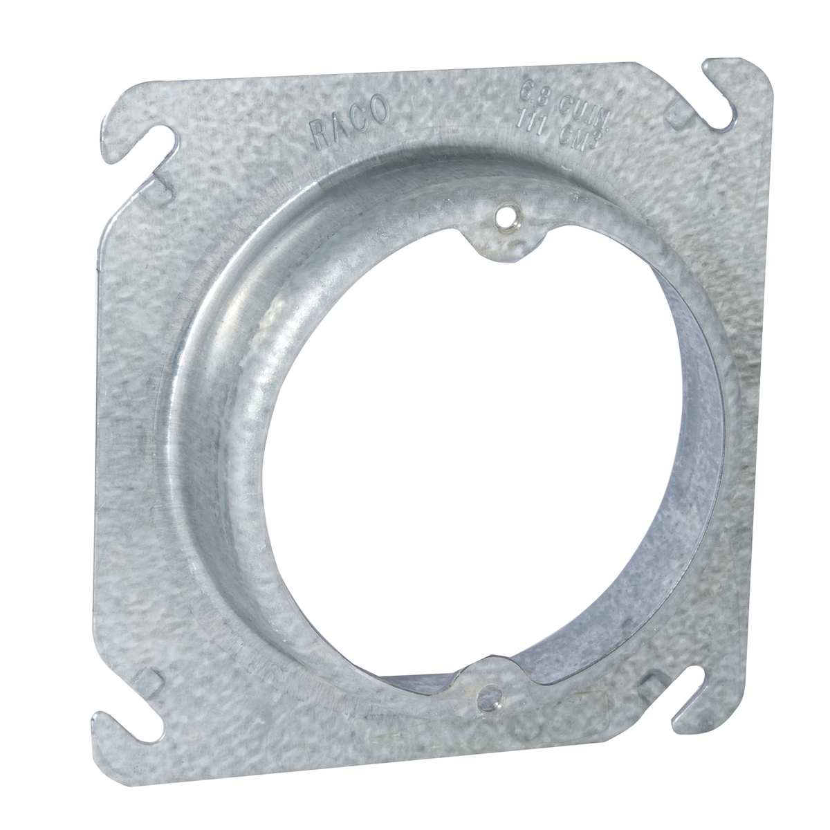 RACO 757 4" SQUARE BOX FIXTURE COVER, SQUARE TO ROUND RAISED 1", EARS 2-3/4" O.C.