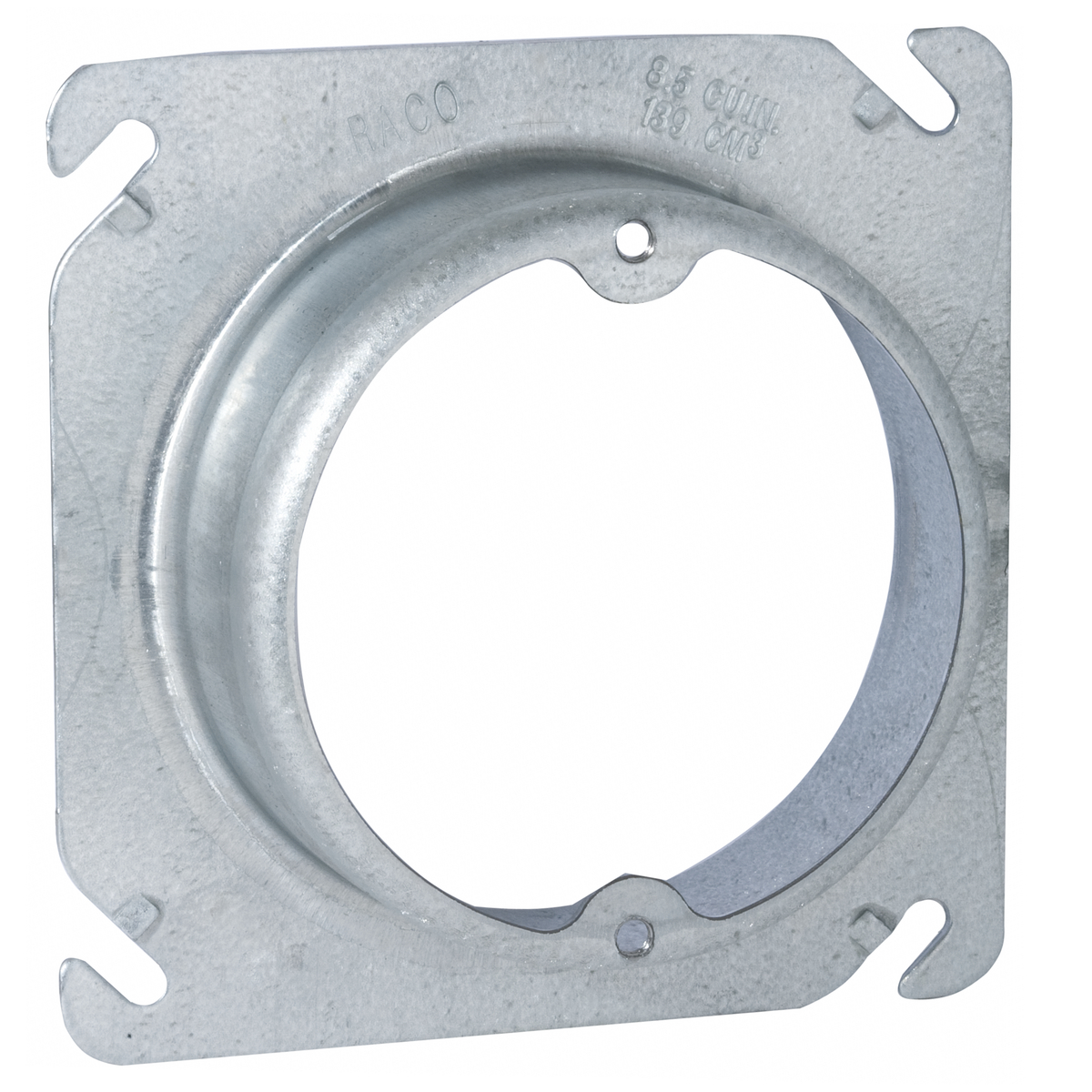 Product image for Raco 758 4" Steel Square Box Fixture Cover, Raised 1-1/4", Ears 2-3/4" O.C.