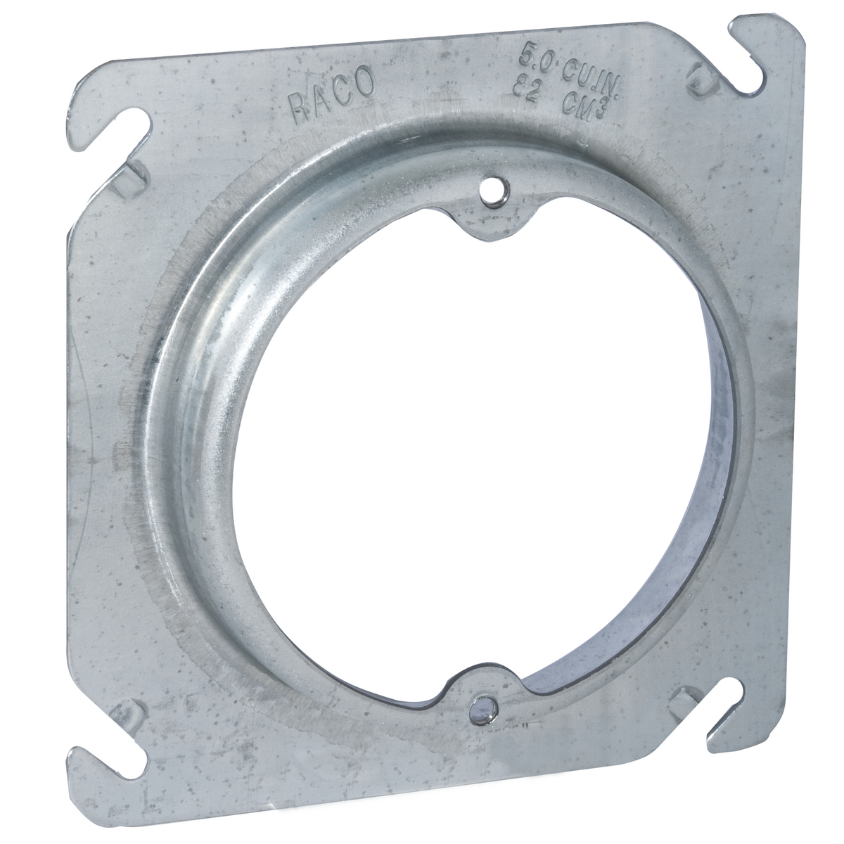 RACO 759 4" SQUARE BOX FIXTURE COVER, SQUARE TO ROUND RAISED 3/4", EARS 2-3/4" O.C.