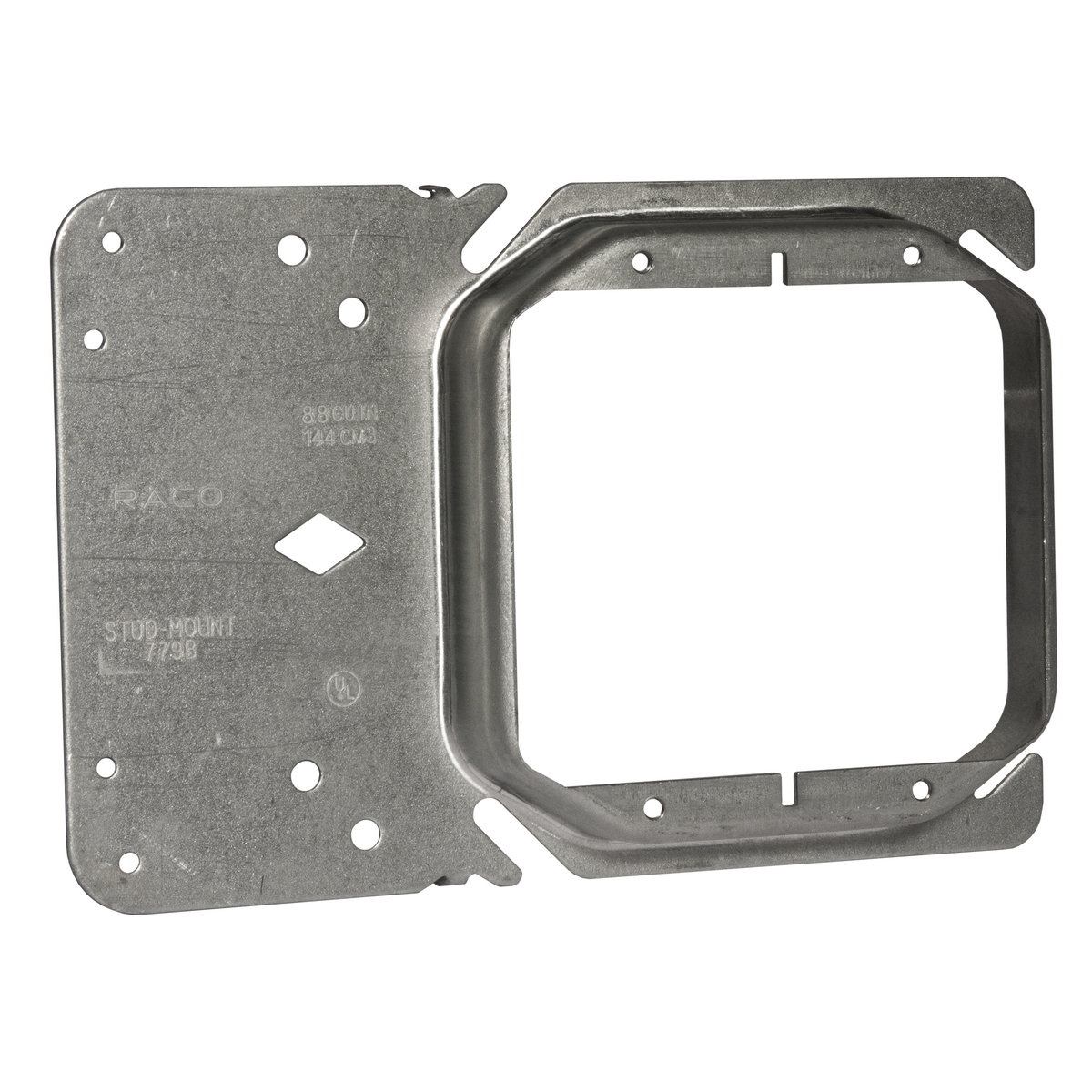 Product image for RACO 779B 4 Inch 3/4 Inch Raised Steel 2-Device Square Box Stud Mount Mud Ring