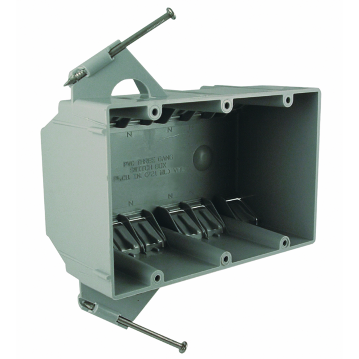 Multi-gang with Captive Nails for Wood Studs - For Nonmetallic SheathedCable, 2-3/4 In. Deep, Three-gang, Nails, 1/2 In. Setback