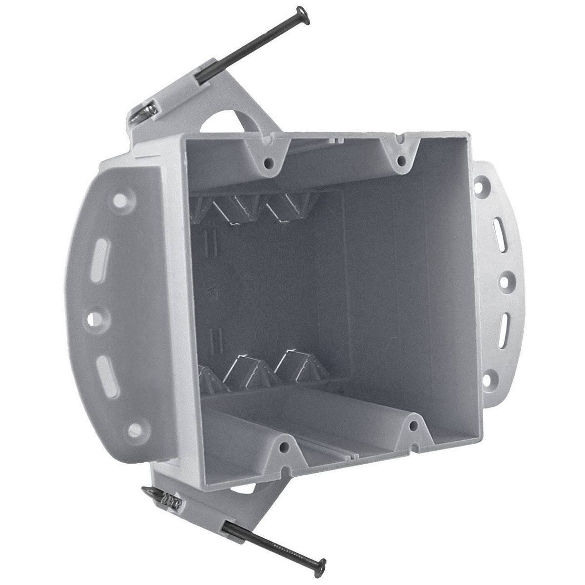 Multi-gang, Large Capacity, with Captive Nails - for Wood Stud or FaceMounted to Wood or Metal Stud -- For Nonmetallic Sheathed Cable, 3-7/8In. Deep, Two-gang, Nails, 1/2 In. Setback, Bracket