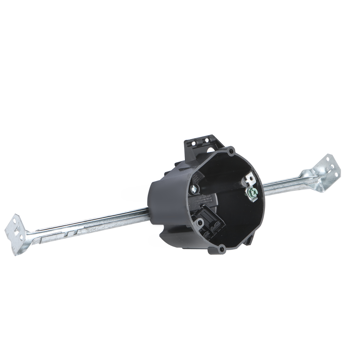 Product image for Raco 7907 3-1/2" Round Non-Metallic Cable Ceiling Box w/Bar Hanger and Ground Plate, 18.0 cu. in.