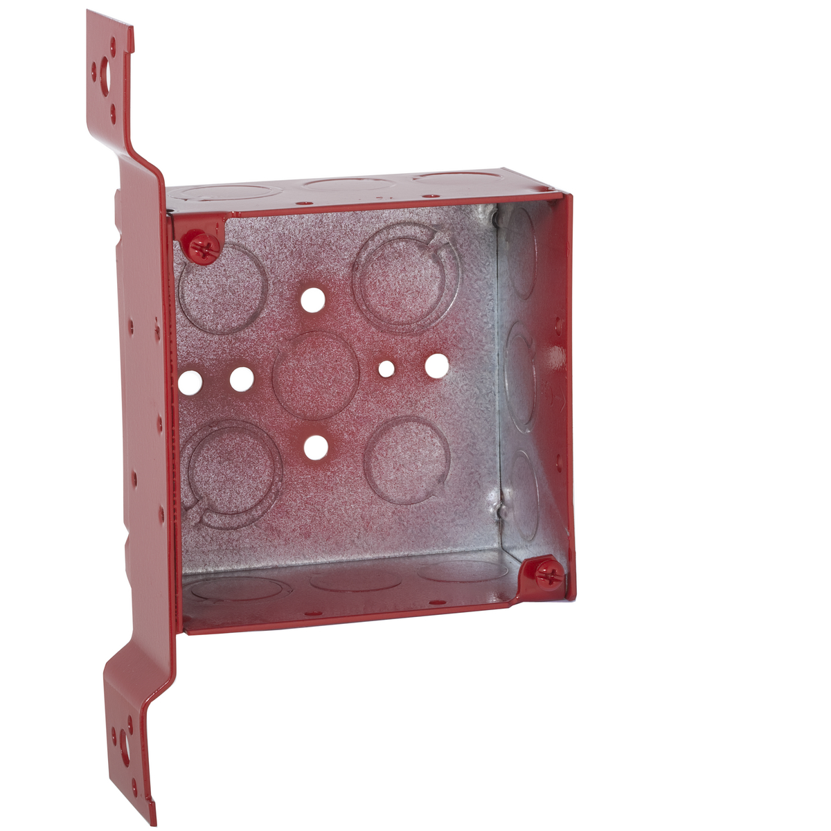 Product image for Raco 911-4 4" Life Safety Square Box, Welded, 2-1/8" Deep, Nine 1/2" KO's and Five TKO's, FM Bracket, Red